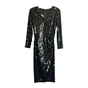 Vintage 80s Midnight Glo Fully Sequined Black Faux Wrap Dress Size 6